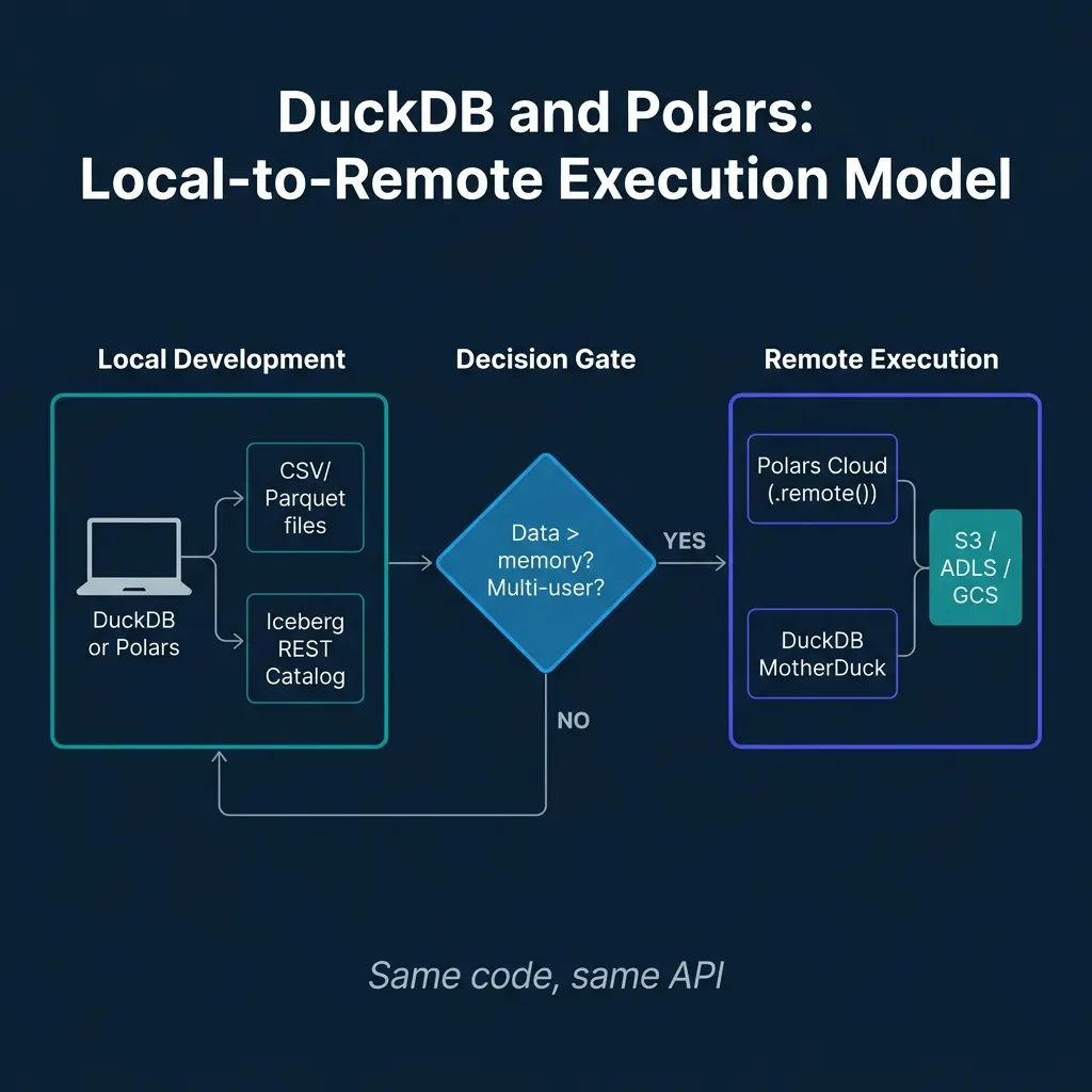 DuckDB and Polars local-to-remote execution workflow showing local development with both tools, decision gate on data size and multi-user needs, and remote execution via Polars Cloud or MotherDuck