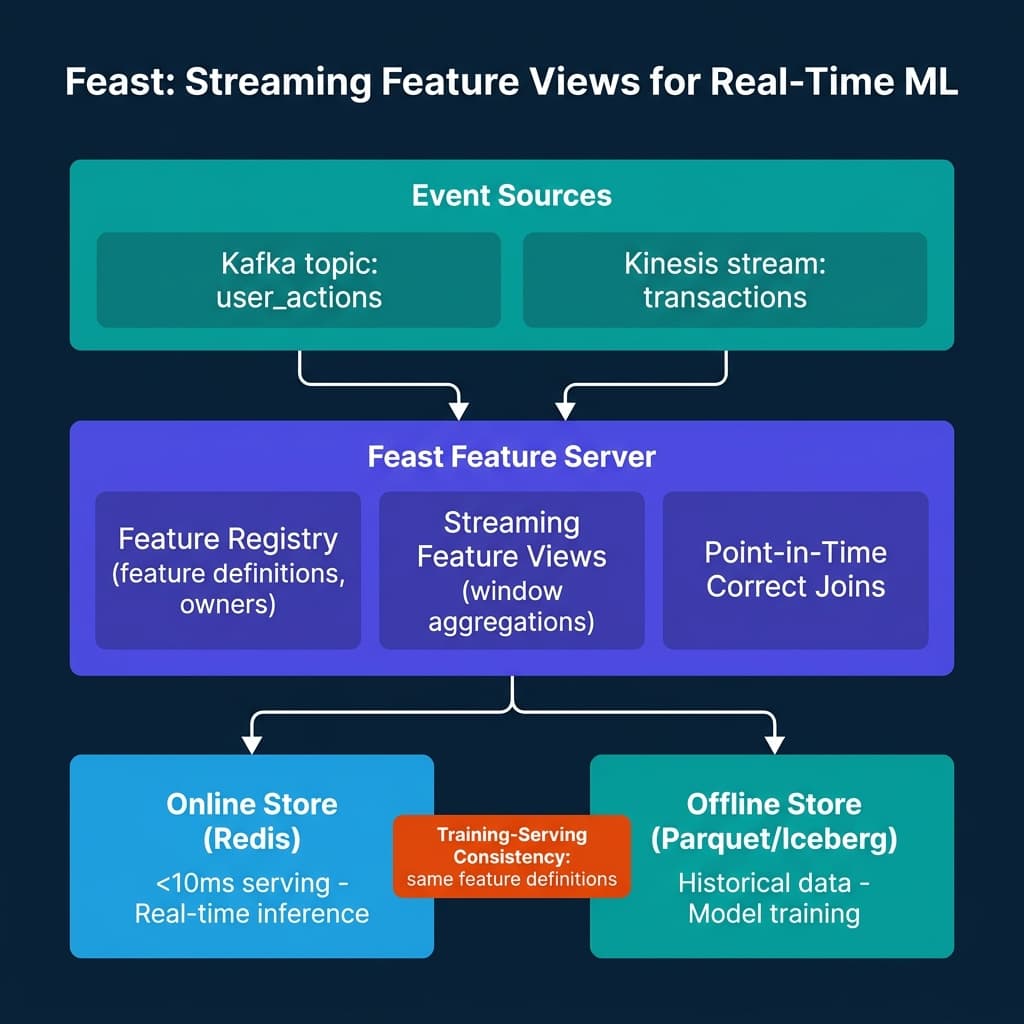 Feast streaming feature view architecture showing Kafka and Kinesis event sources feeding Feast Feature Server with streaming feature views and point-in-time correct joins, routing to Redis online store for <10ms real-time serving and Parquet/Iceberg offline store for model training