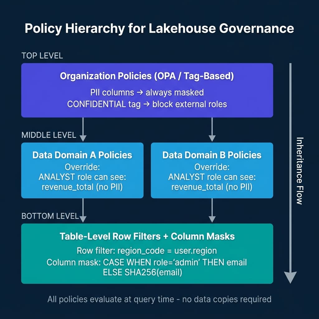 Three-level policy hierarchy showing organization-level OPA tag-based policies at top flowing down to data domain policies and then to table-level row filters and column masks