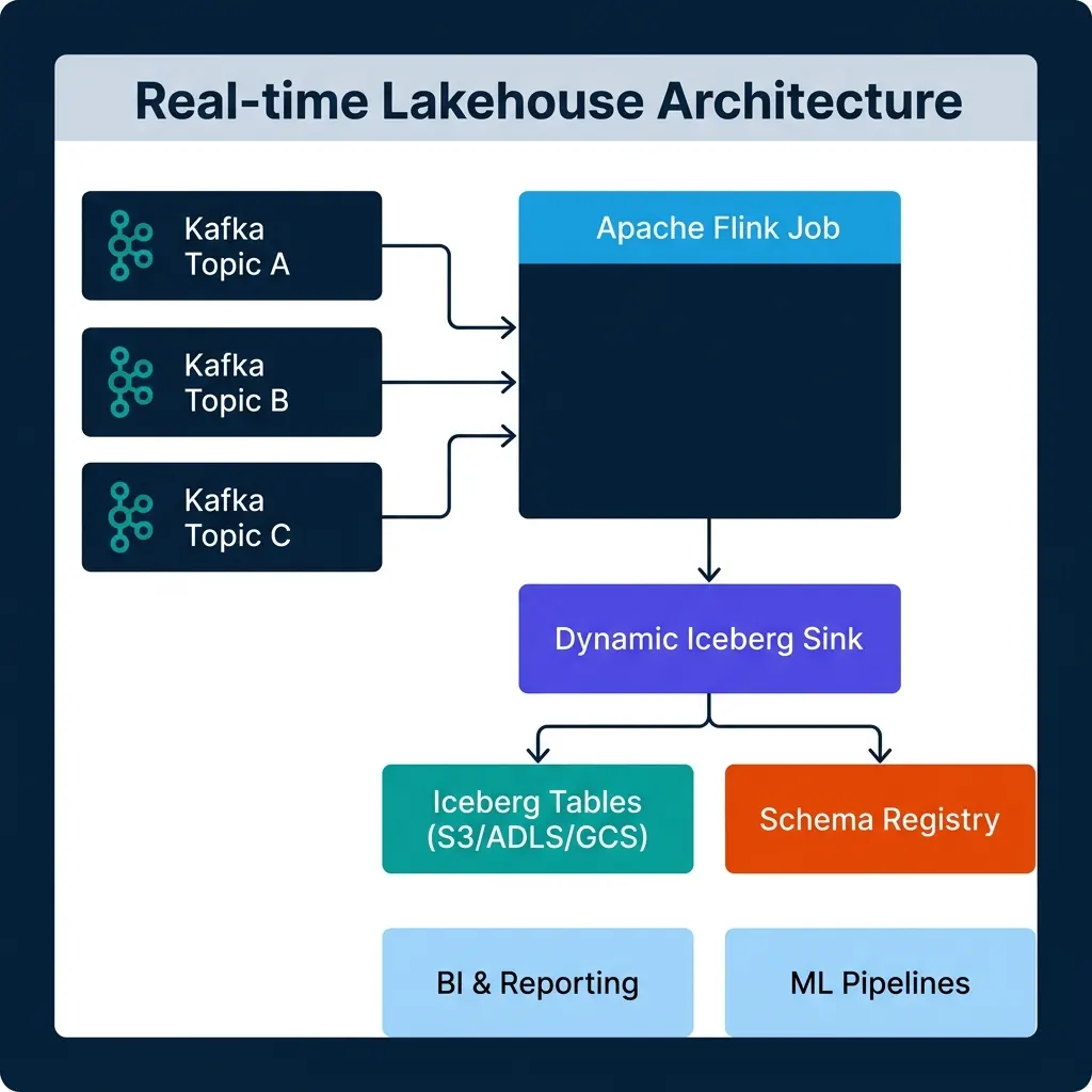 Real-time lakehouse pipeline from Kafka topics through Apache Flink job and Dynamic Iceberg Sink to Iceberg tables, BI tools, and ML pipelines