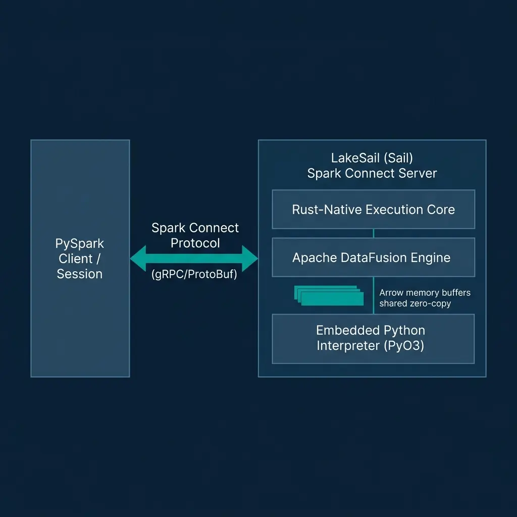 LakeSail Spark Connect architecture showing PySpark client communicating over gRPC to a Rust-native Spark Connect server with DataFusion and PyO3 embedded UDF zero-copy memory buffers